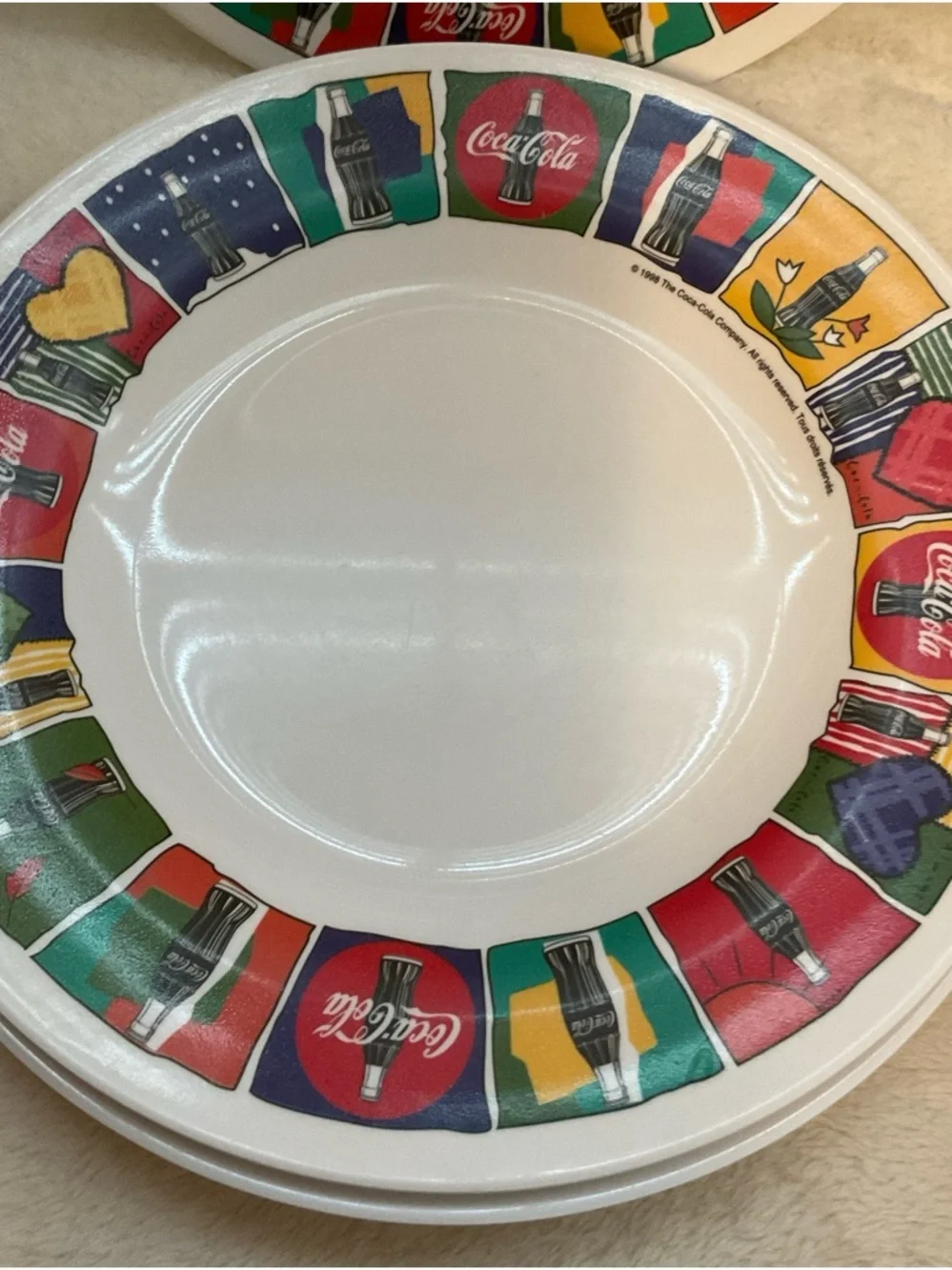 Coca-Cola White Ceramic Bowls with Red Heart and Yellow, Green Accents
